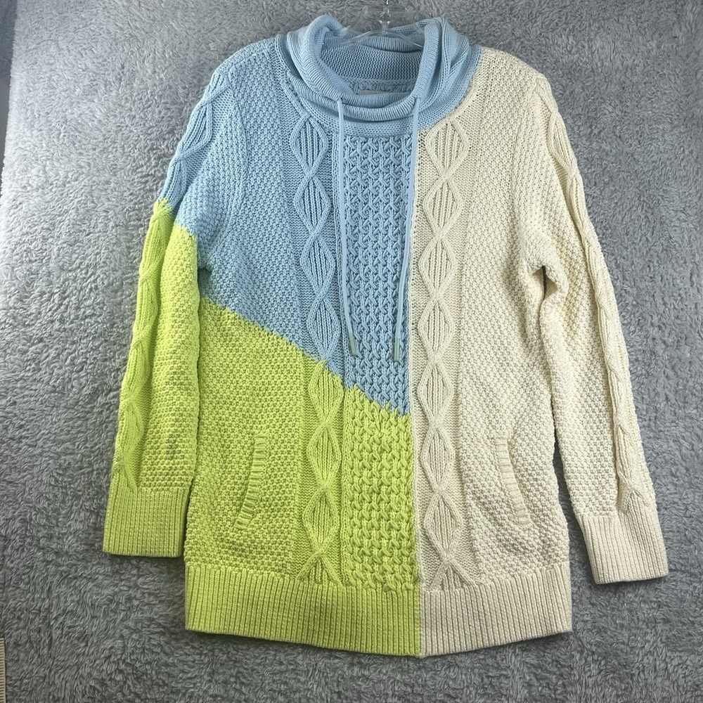 LL Bean Signature Womens L Colorblock Cable Knit Cowl Neck Cotton Sweater 509593